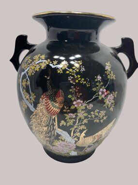 Kutani Japan Peacock and Peony Black Vase Signed Japan